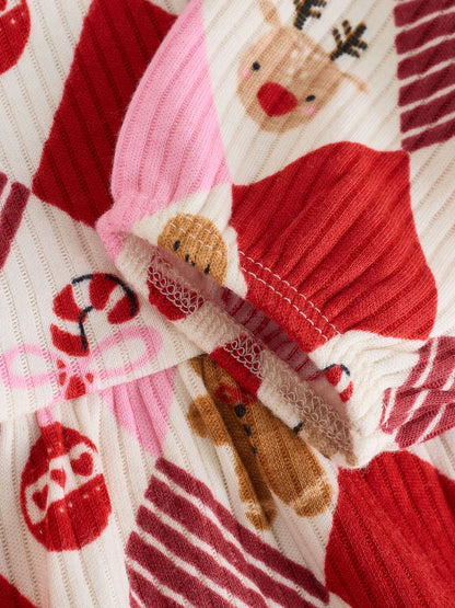 |BabyGirl| Vestido De Natal Para Bebê Com Estampa De Arlequim Vermelho/Rosa (0 meses a 2 anos)