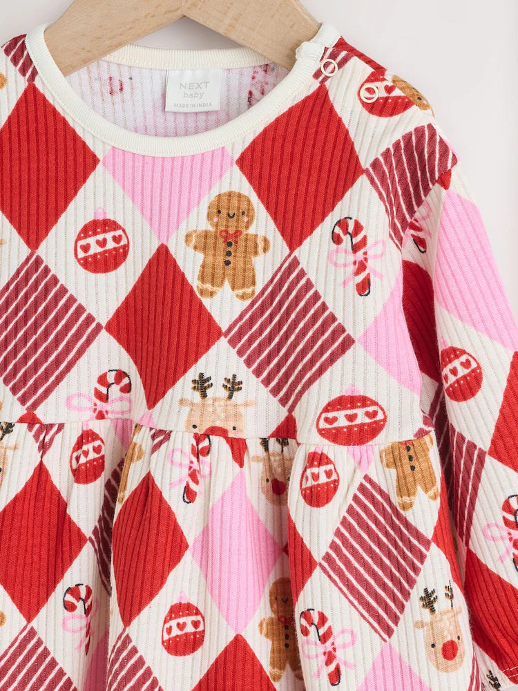 |BabyGirl| Vestido De Natal Para Bebê Com Estampa De Arlequim Vermelho/Rosa (0 meses a 2 anos)