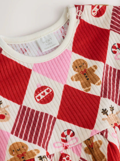 |BabyGirl| Vestido De Natal Para Bebê Com Estampa De Arlequim Vermelho/Rosa (0 meses a 2 anos)