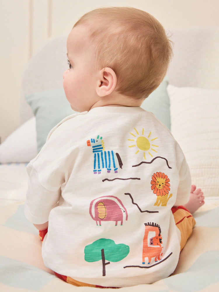 |BabyBoy| Conjunto Para Bebê Com Blusa e Calça Listradas Laranja Com Estampa De Animais Da Savana (0 meses a 2 anos)