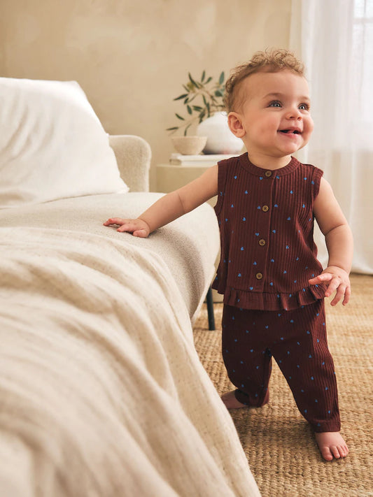 |BabyGirl| Conjunto De 2 Peças Para Bebê: Blusa Canelada Marrom Chocolate Com Bolinhas Azuis e Calça Pantalona