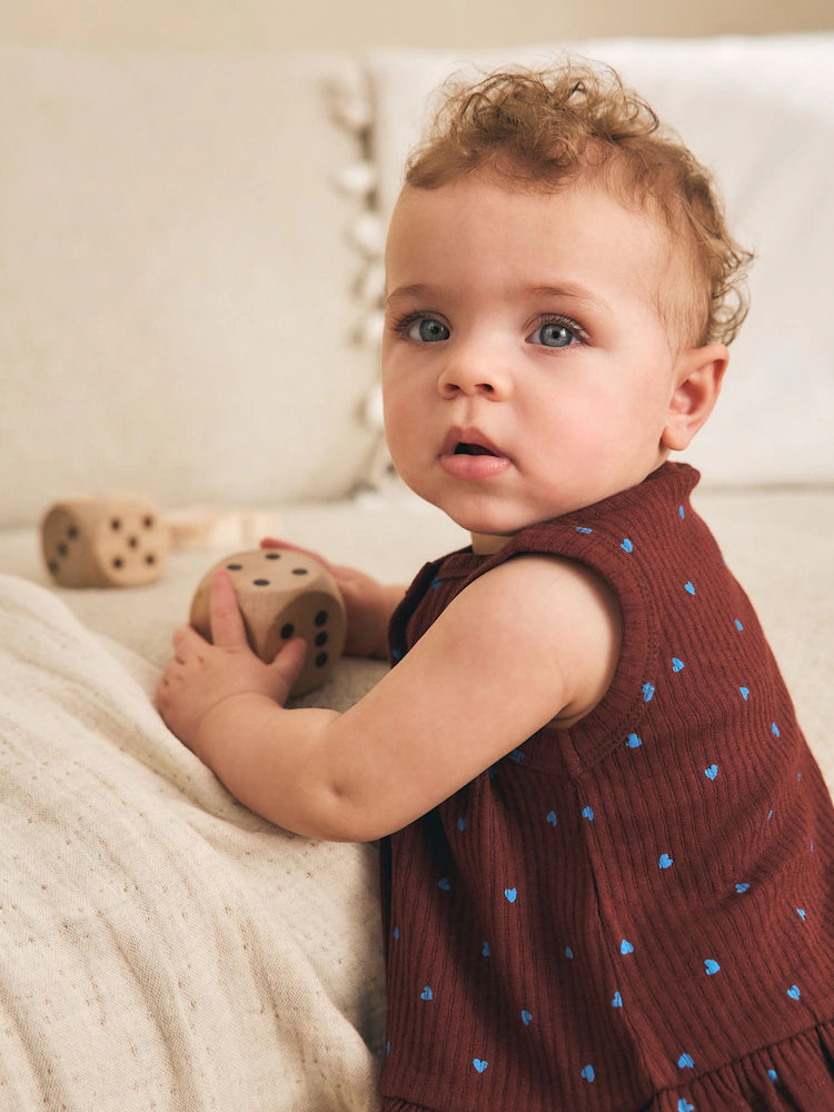 |BabyGirl| Conjunto De 2 Peças Para Bebê: Blusa Canelada Marrom Chocolate Com Bolinhas Azuis e Calça Pantalona