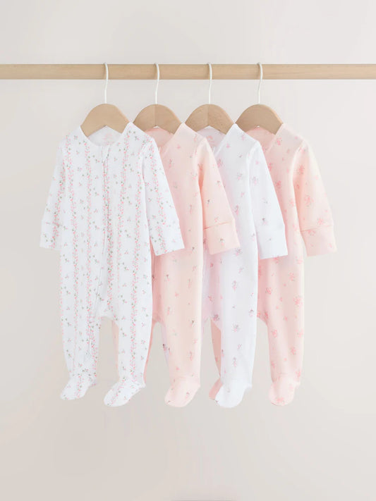 |BabyGirl| Conjunto De 4 Macacões De Dormir Rosa Com Zíper Duplo Para Bebês (0 meses a 2 anos)