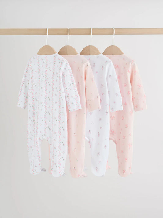 |BabyGirl| Conjunto De 4 Macacões De Dormir Rosa Com Zíper Duplo Para Bebês (0 meses a 2 anos)