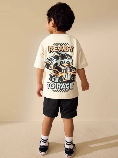 |Boy| Camiseta Creme De Manga Curta Com Estampa De Carro De Corrida Nas Costas (3 meses a 7 anos)