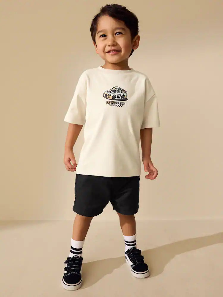 |Boy| Camiseta Creme De Manga Curta Com Estampa De Carro De Corrida Nas Costas (3 meses a 7 anos)