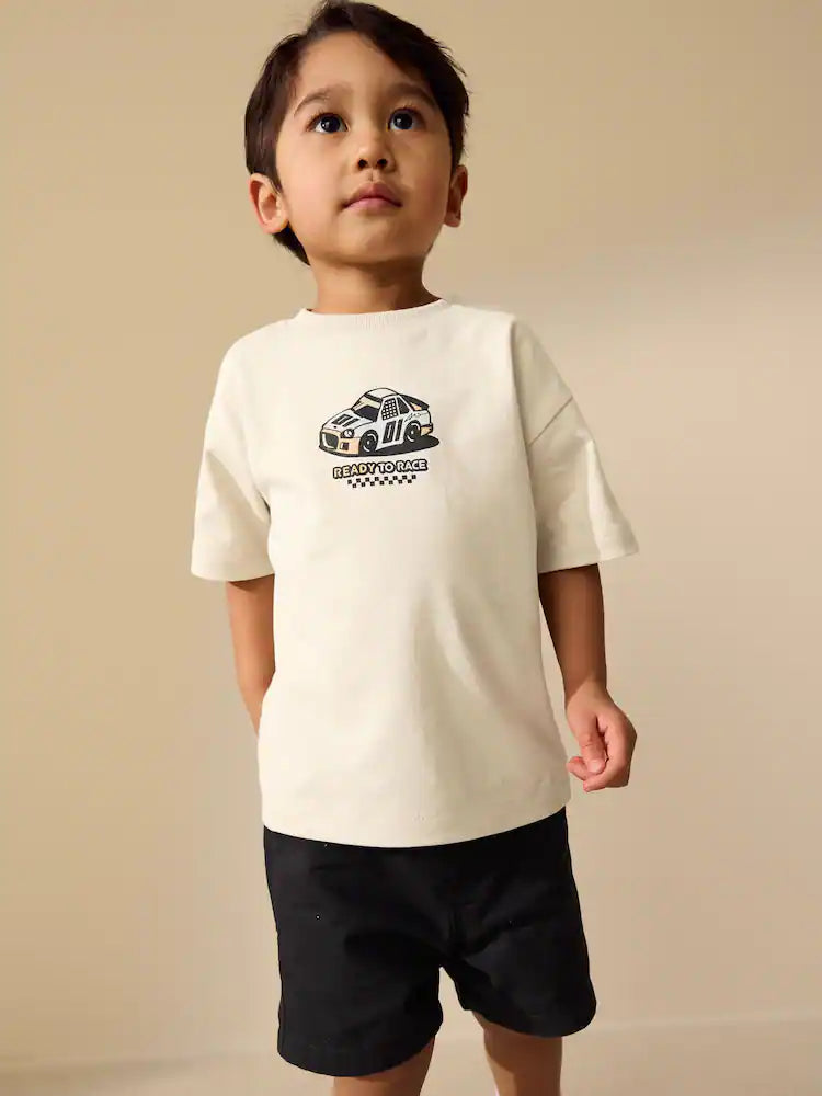 |Boy| Camiseta Creme De Manga Curta Com Estampa De Carro De Corrida Nas Costas (3 meses a 7 anos)