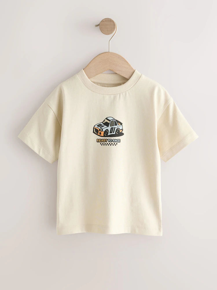 |Boy| Camiseta Creme De Manga Curta Com Estampa De Carro De Corrida Nas Costas (3 meses a 7 anos)