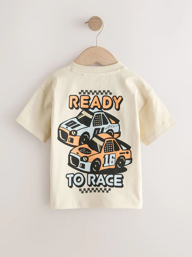 |Boy| Camiseta Creme De Manga Curta Com Estampa De Carro De Corrida Nas Costas (3 meses a 7 anos)