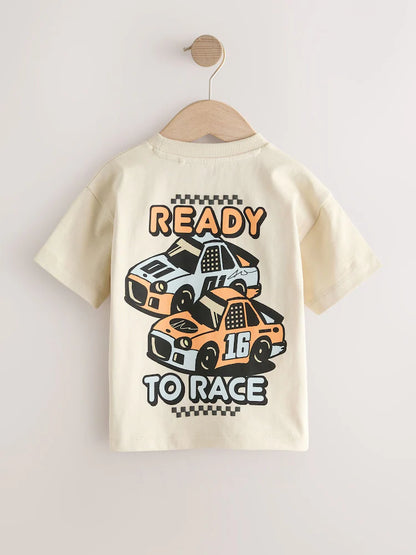 |Boy| Camiseta Creme De Manga Curta Com Estampa De Carro De Corrida Nas Costas (3 meses a 7 anos)