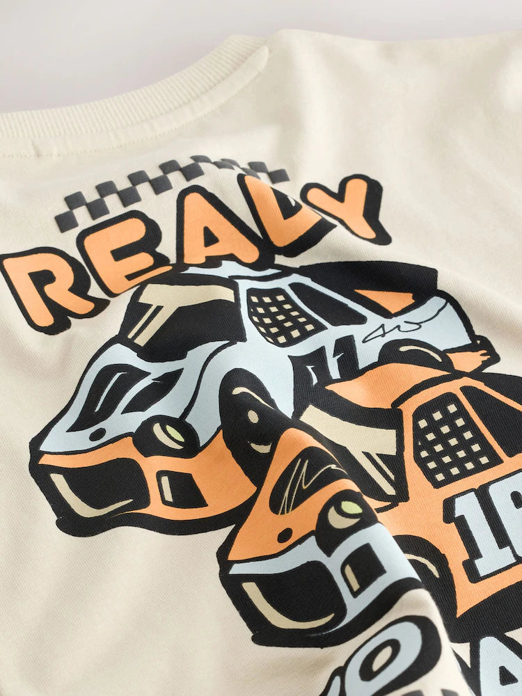 |Boy| Camiseta Creme De Manga Curta Com Estampa De Carro De Corrida Nas Costas (3 meses a 7 anos)