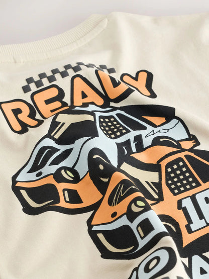 |Boy| Camiseta Creme De Manga Curta Com Estampa De Carro De Corrida Nas Costas (3 meses a 7 anos)