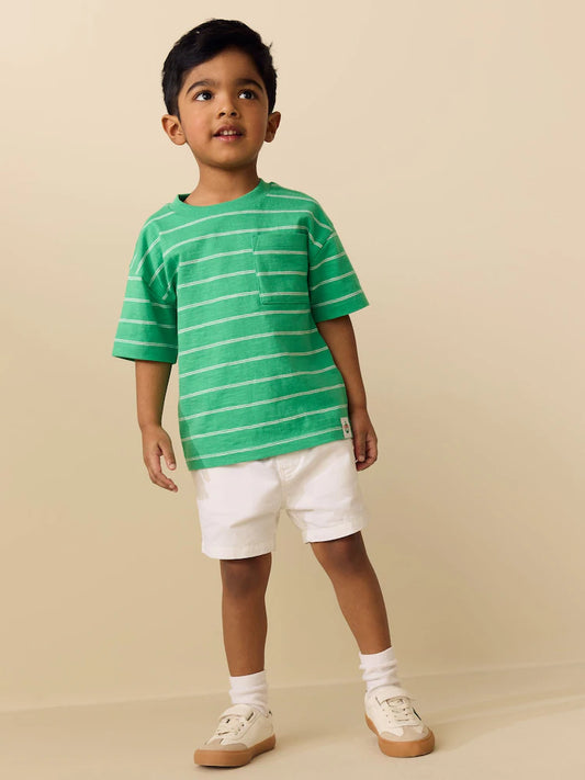 |Boy| Camiseta Listrada Verde De Manga Curta Com Bolso (3 meses a 7 anos)