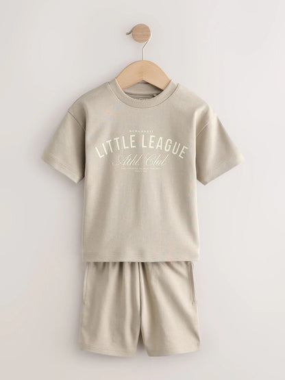 |Boy| Conjunto De Camiseta De Manga Curta e Shorts Com Estampa De Slogan Nas Costas Em preto e creme (2 peças)
