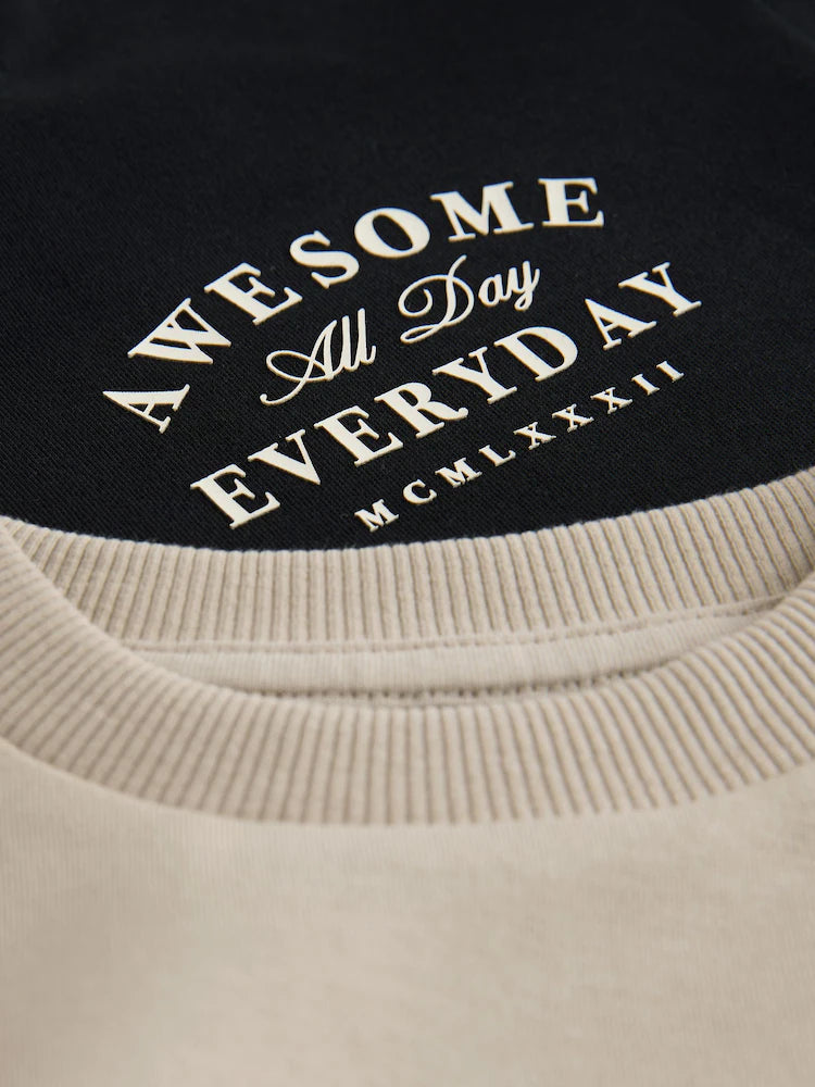 |Boy| Conjunto De Camiseta De Manga Curta e Shorts Com Estampa De Slogan Nas Costas Em preto e creme (2 peças)