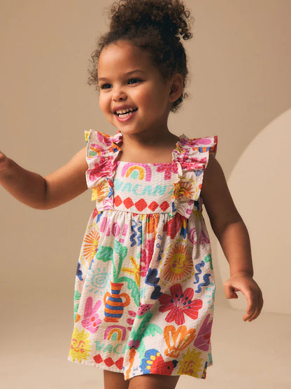|Girl| Macaquinho Multicolorido com Estampa de Palmeiras e Mangas com Babados (3 meses a 7 anos)