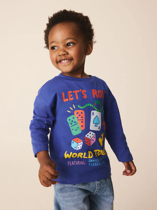 |Boy| Camiseta de Manga Longa com Estampa "Let's Roll Games" – Azul-Cobalto (3 meses a 7 anos)