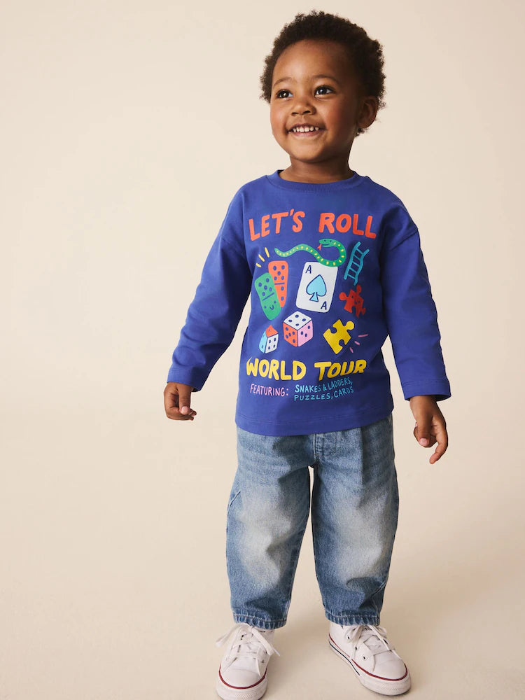 |Boy| Camiseta de Manga Longa com Estampa "Let's Roll Games" – Azul-Cobalto (3 meses a 7 anos)