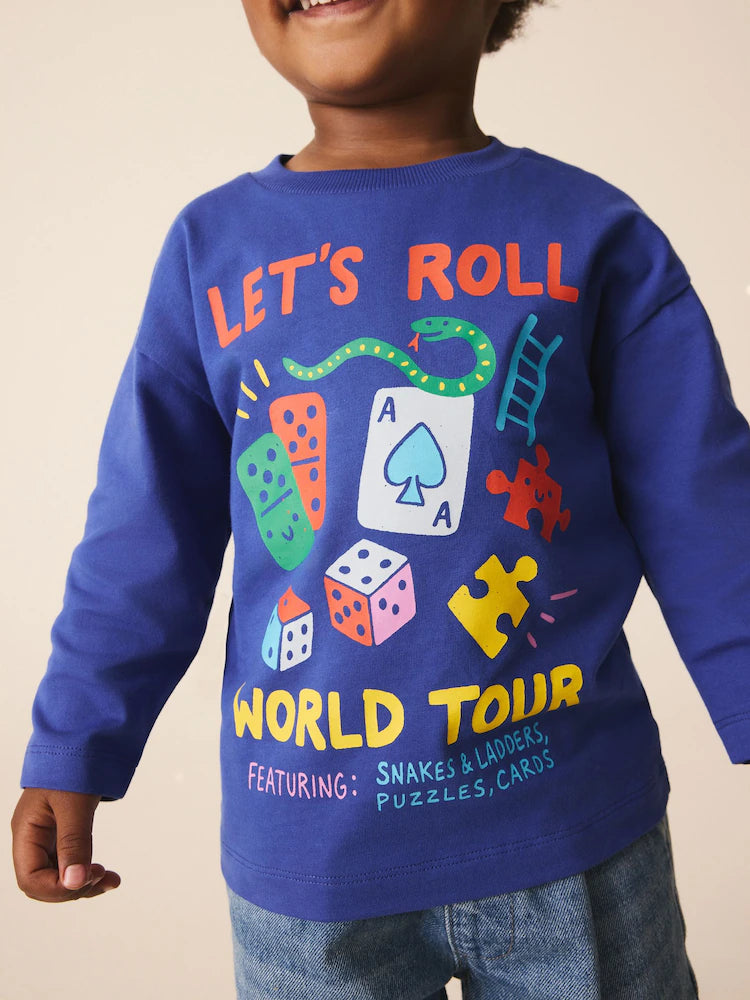 |Boy| Camiseta de Manga Longa com Estampa "Let's Roll Games" – Azul-Cobalto (3 meses a 7 anos)