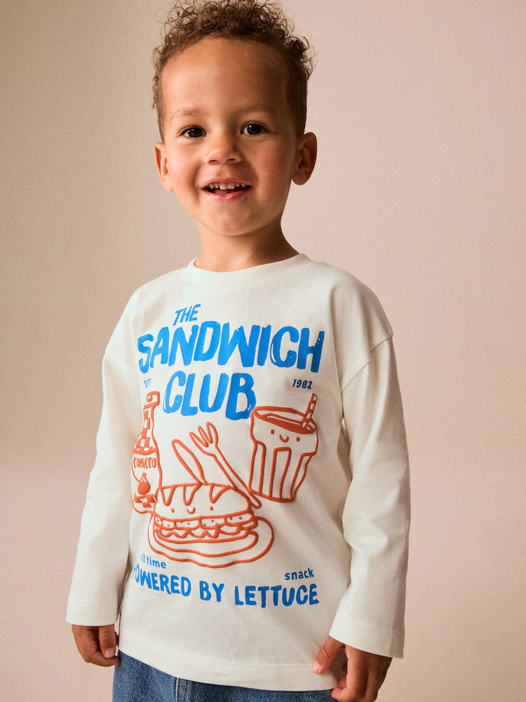 |Boy| Camiseta Branca de Manga Longa com Estampa Sandwich Club (3 meses a 7 anos)