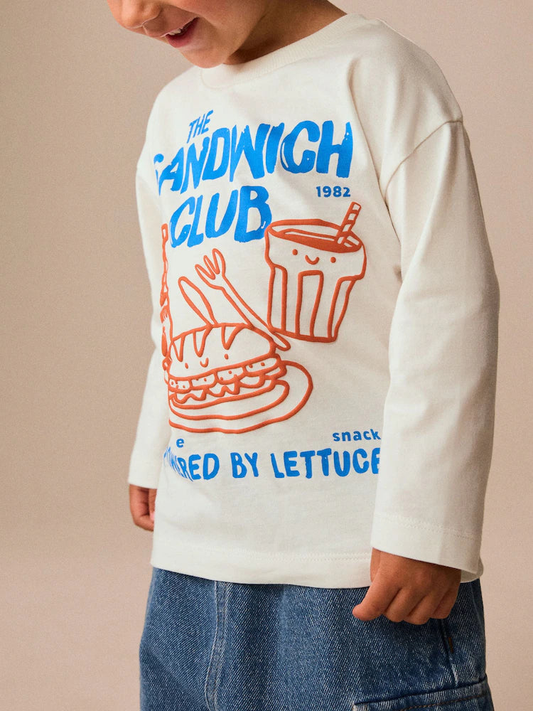 |Boy| Camiseta Branca de Manga Longa com Estampa Sandwich Club (3 meses a 7 anos)