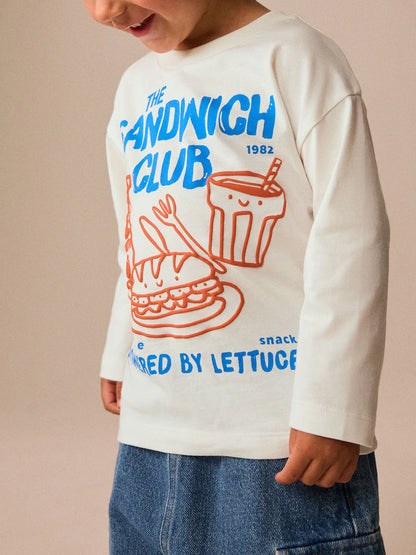 |Boy| Camiseta Branca de Manga Longa com Estampa Sandwich Club (3 meses a 7 anos)