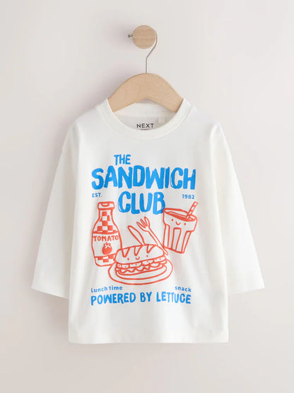 |Boy| Camiseta Branca de Manga Longa com Estampa Sandwich Club (3 meses a 7 anos)