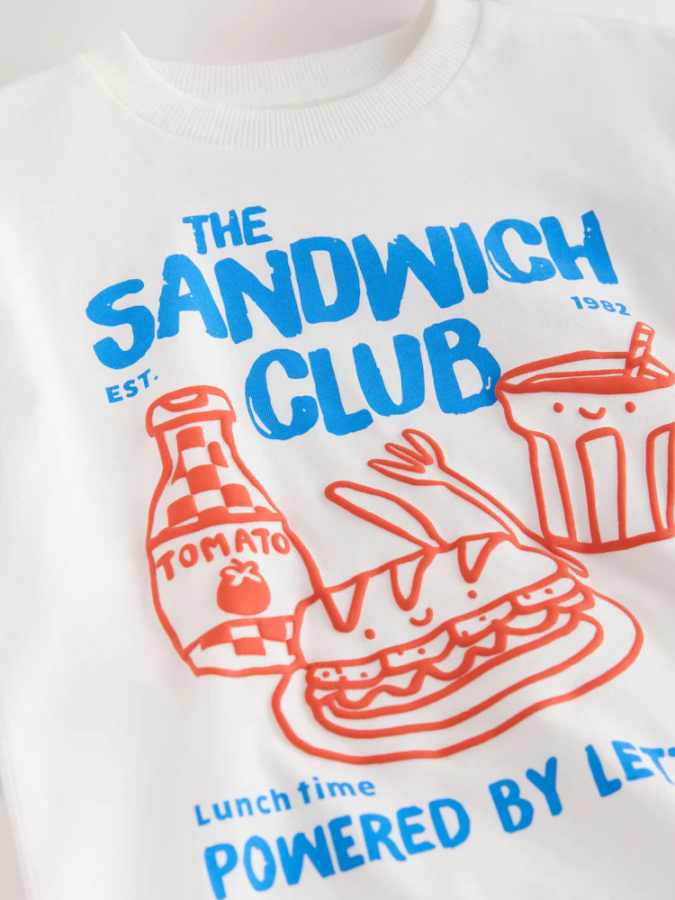 |Boy| Camiseta Branca de Manga Longa com Estampa Sandwich Club (3 meses a 7 anos)