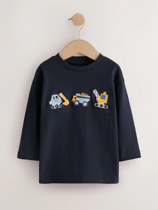 |Boy| Kit com 3 Camisetas de Manga Longa Azul-Marinho com Estampa de Escavadeira (3 meses a 7 anos)