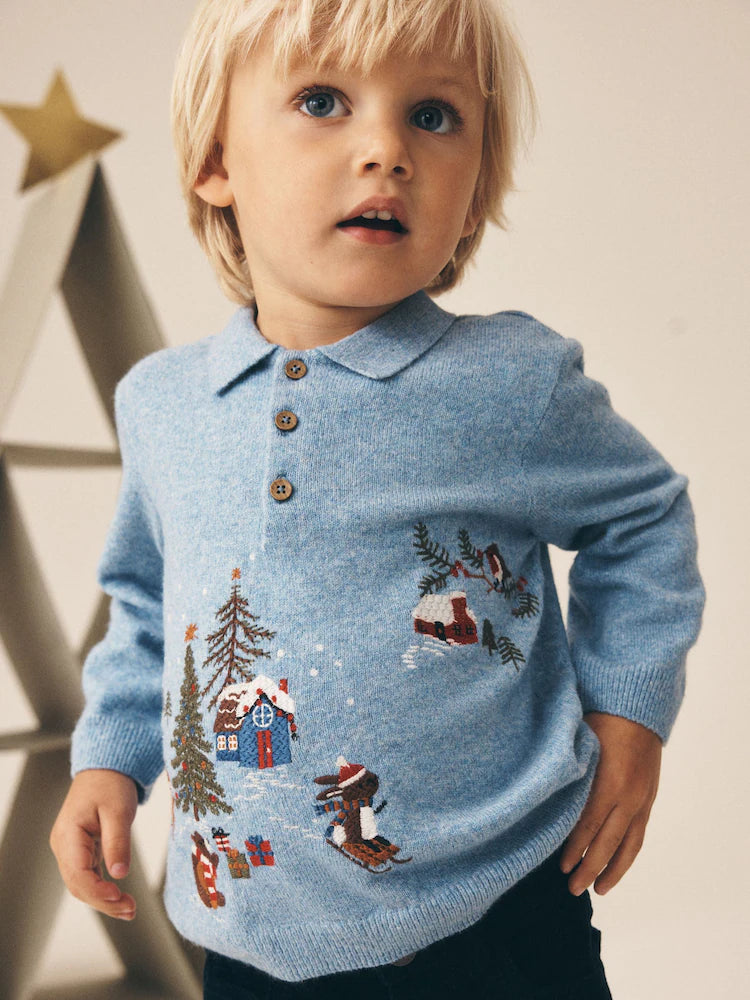|Boy| Camisa Polo De Tricô Azul com Tema de Natal (3 meses a 7 anos)