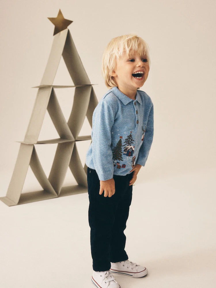|Boy| Camisa Polo De Tricô Azul com Tema de Natal (3 meses a 7 anos)