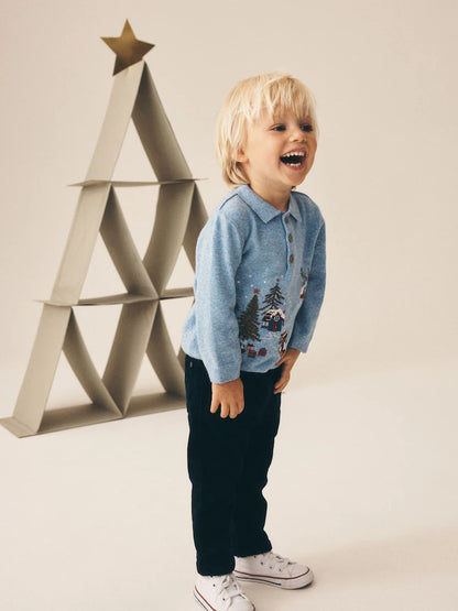 |Boy| Camisa Polo De Tricô Azul com Tema de Natal (3 meses a 7 anos)
