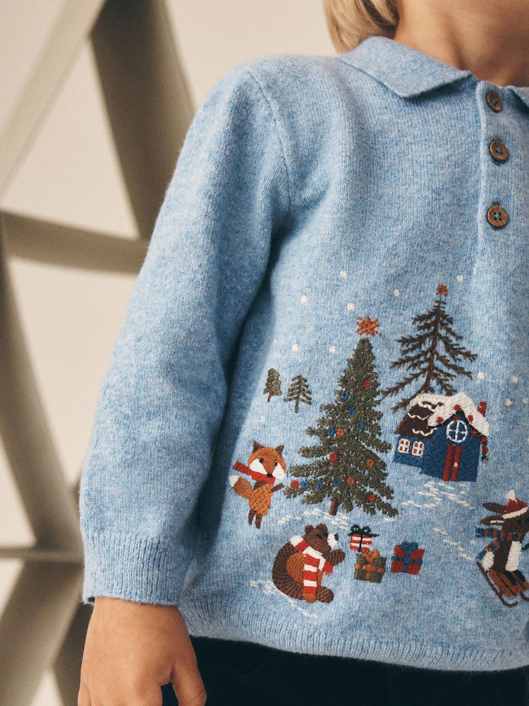 |Boy| Camisa Polo De Tricô Azul com Tema de Natal (3 meses a 7 anos)