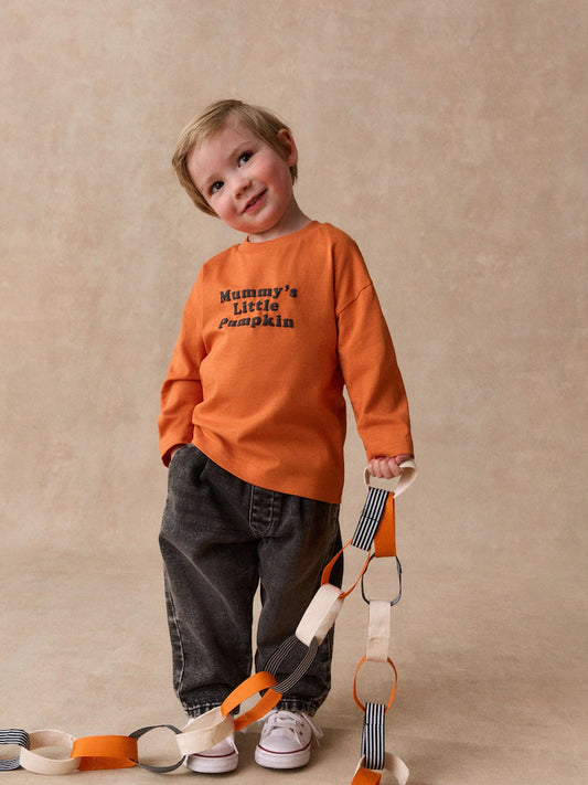 |Boy| Camiseta Laranja de Manga Longa com Estampa nas Costas e Frase "Mummy's Little Pumpkin" (Tema de Halloween)