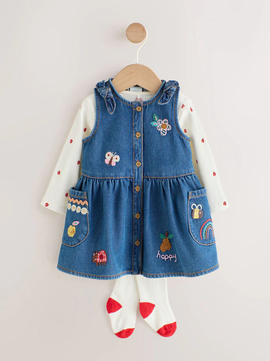 |BabyGirl| Conjunto De 3 Peças Para Bebê: Vestido Jardineira Jeans Bordado, Body e Meia-Calça (0 meses a 2 anos)
