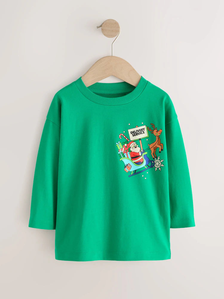 |Boy| Camiseta de Manga Longa de Natal "Green Santa Delivery" (3 meses a 7 anos)