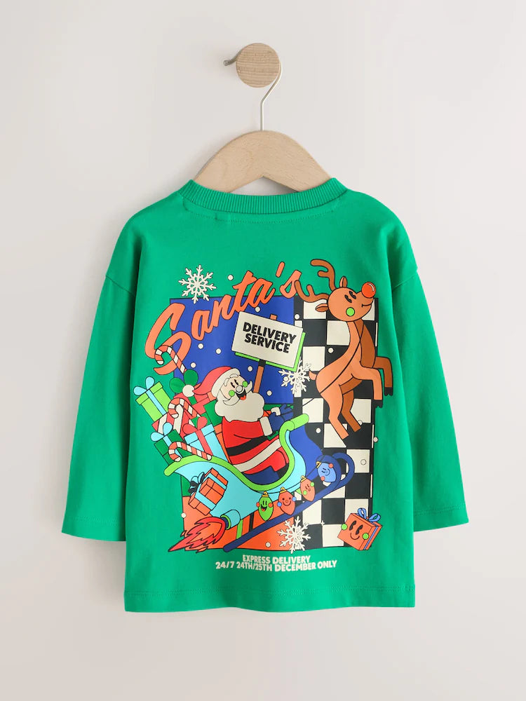 |Boy| Camiseta de Manga Longa de Natal "Green Santa Delivery" (3 meses a 7 anos)