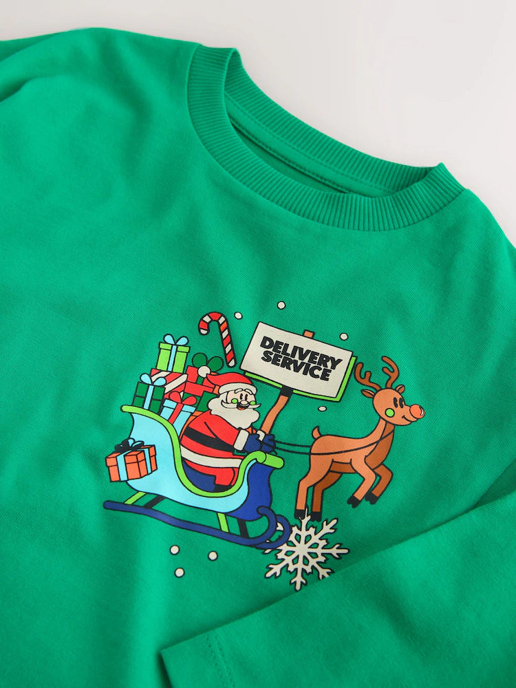 |Boy| Camiseta de Manga Longa de Natal "Green Santa Delivery" (3 meses a 7 anos)