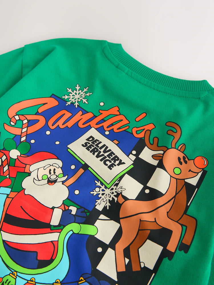 |Boy| Camiseta de Manga Longa de Natal "Green Santa Delivery" (3 meses a 7 anos)