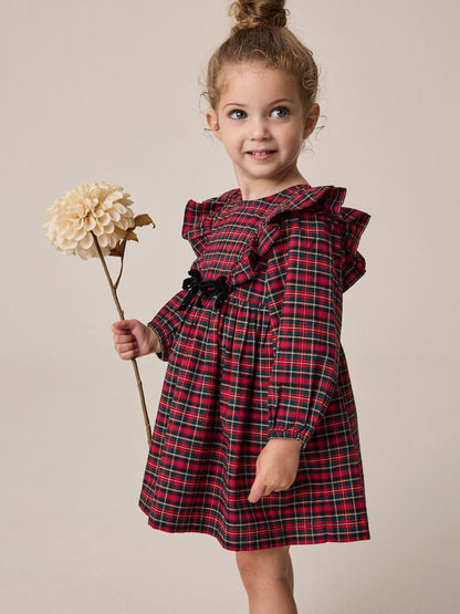 |Girl| Vestido Xadrez De Manga Longa Com Laço de Veludo Vermelho (3 meses a 8 anos)