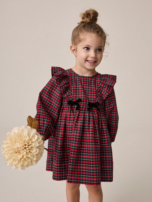 |Girl| Vestido Xadrez De Manga Longa Com Laço de Veludo Vermelho (3 meses a 8 anos)