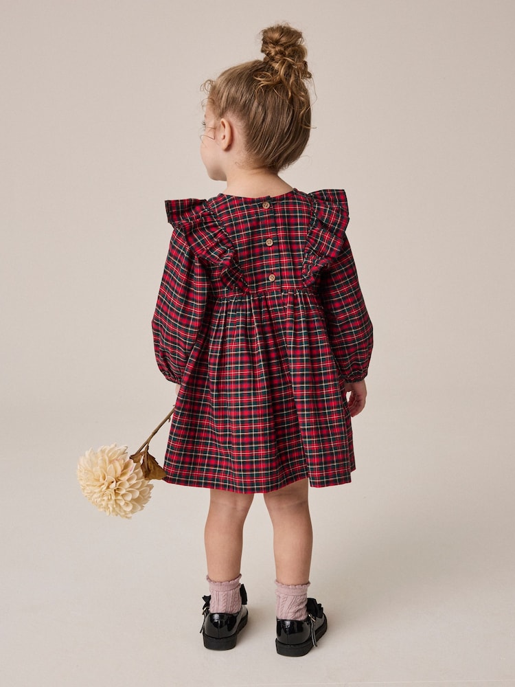 |Girl| Vestido Xadrez De Manga Longa Com Laço de Veludo Vermelho (3 meses a 8 anos)