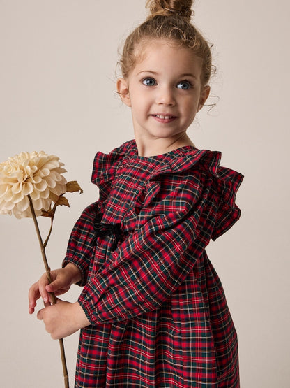 |Girl| Vestido Xadrez De Manga Longa Com Laço de Veludo Vermelho (3 meses a 8 anos)