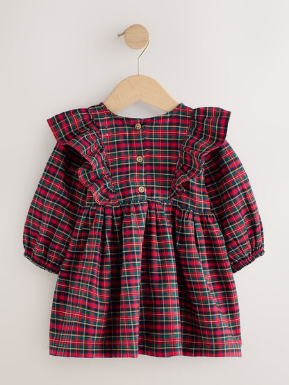 |Girl| Vestido Xadrez De Manga Longa Com Laço de Veludo Vermelho (3 meses a 8 anos)