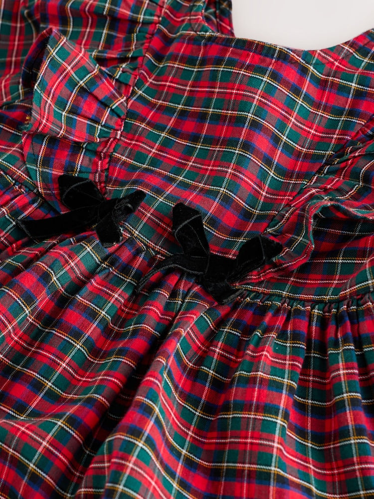 |Girl| Vestido Xadrez De Manga Longa Com Laço de Veludo Vermelho (3 meses a 8 anos)