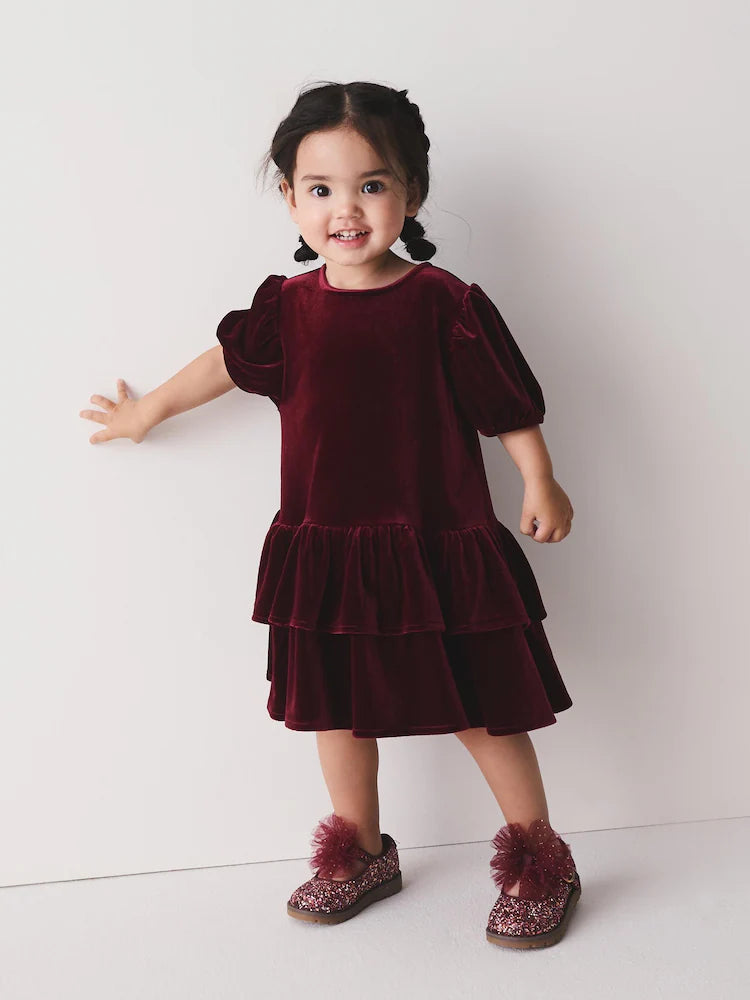 |Girl| Vestido de Festa de Veludo Vermelho-Bordô de Manga Curta (3 meses a 8 anos)