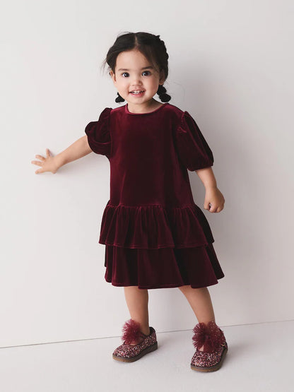 |Girl| Vestido de Festa de Veludo Vermelho-Bordô de Manga Curta (3 meses a 8 anos)