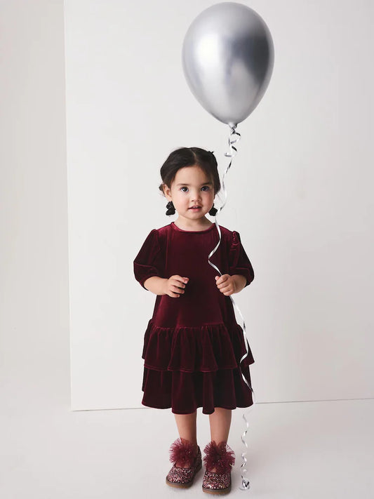 |Girl| Vestido de Festa de Veludo Vermelho-Bordô de Manga Curta (3 meses a 8 anos)