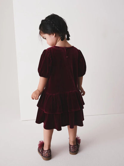 |Girl| Vestido de Festa de Veludo Vermelho-Bordô de Manga Curta (3 meses a 8 anos)