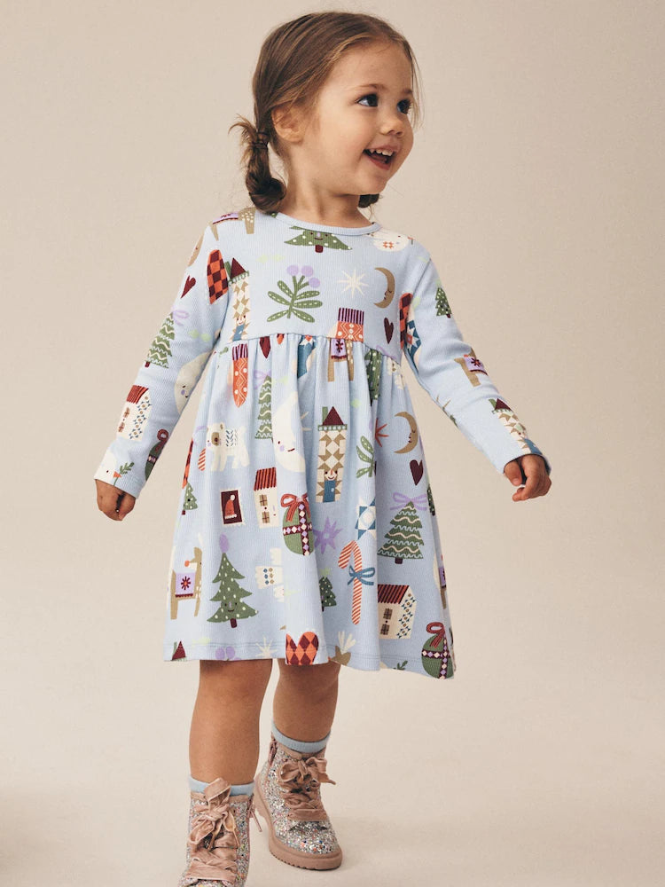 |Girl| Vestido Canelado de Natal Azul de Manga Longa (3 meses a 7 anos)